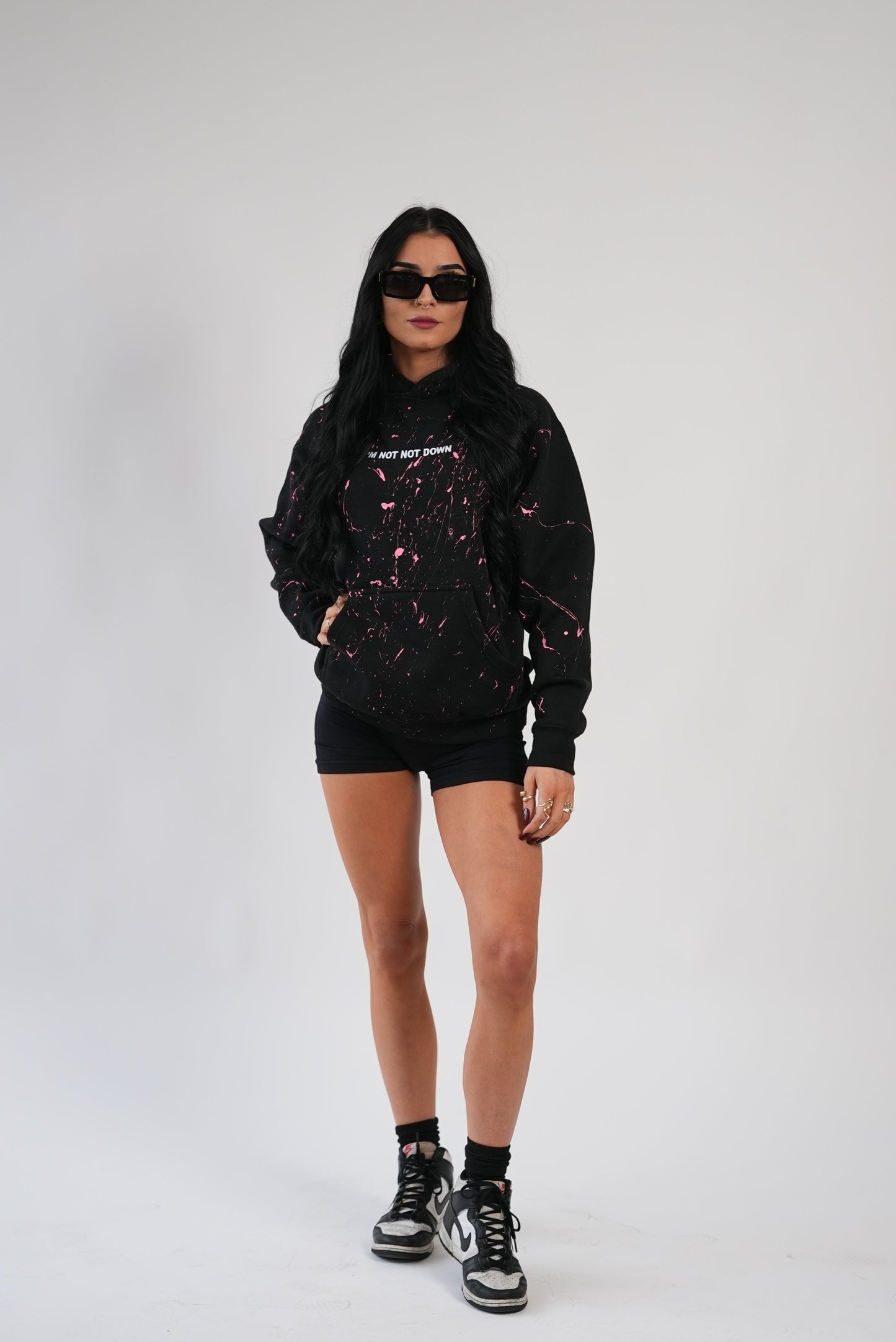 Heavy Weight Pink Paint Splatter Black Hoodie
