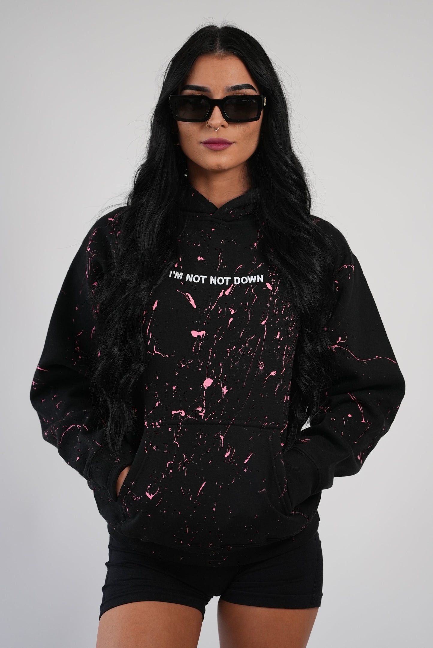 Heavy Weight Pink Paint Splatter Black Hoodie